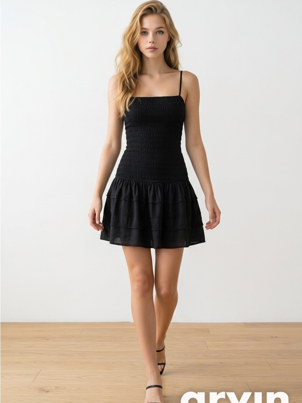 Smocked Black Mini Dress with Tiered Hem